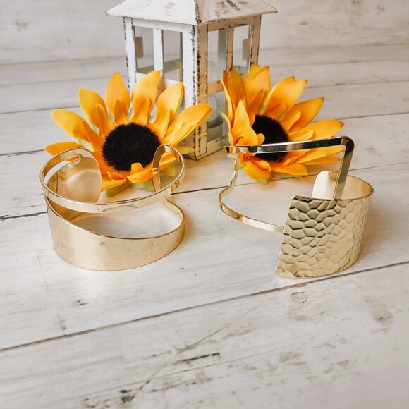 (2) Asymmetrical Gold Tone Cuff Bracelets-Hammered Look, Chic, Elegant - Picture 2 of 13